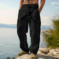 Men's Linen Cargo Pants Drawstring Multi-Pocket Straight Leg Breathable Outdoor Beach Classic Casual Long Pants