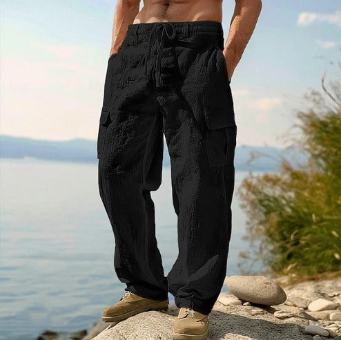 Men's Linen Cargo Pants Drawstring Multi-Pocket Straight Leg Breathable Outdoor Beach Classic Casual Long Pants