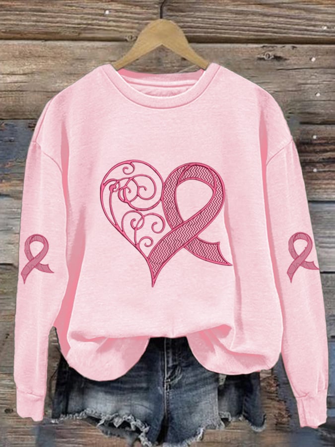 Women's Breast Cancer Awareness Heart Ribbon Print Sweatshirt