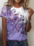 Women's Purple Floral Print Alzheimer's Awareness Support  Casual O-Neck Tee