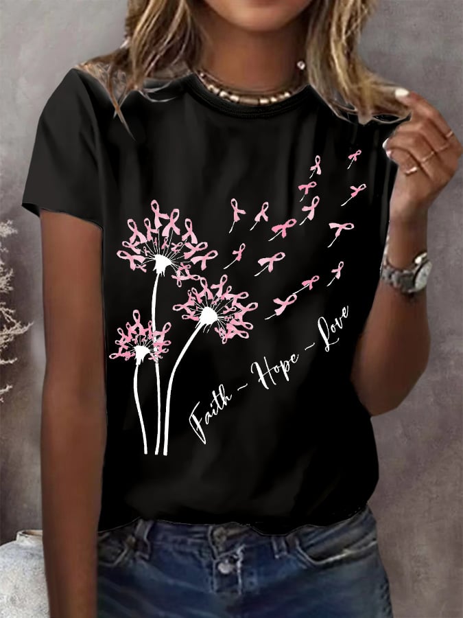 Women's Faith Hope Love Breast Cancer Awareness Printed Round Neck T-Shirt