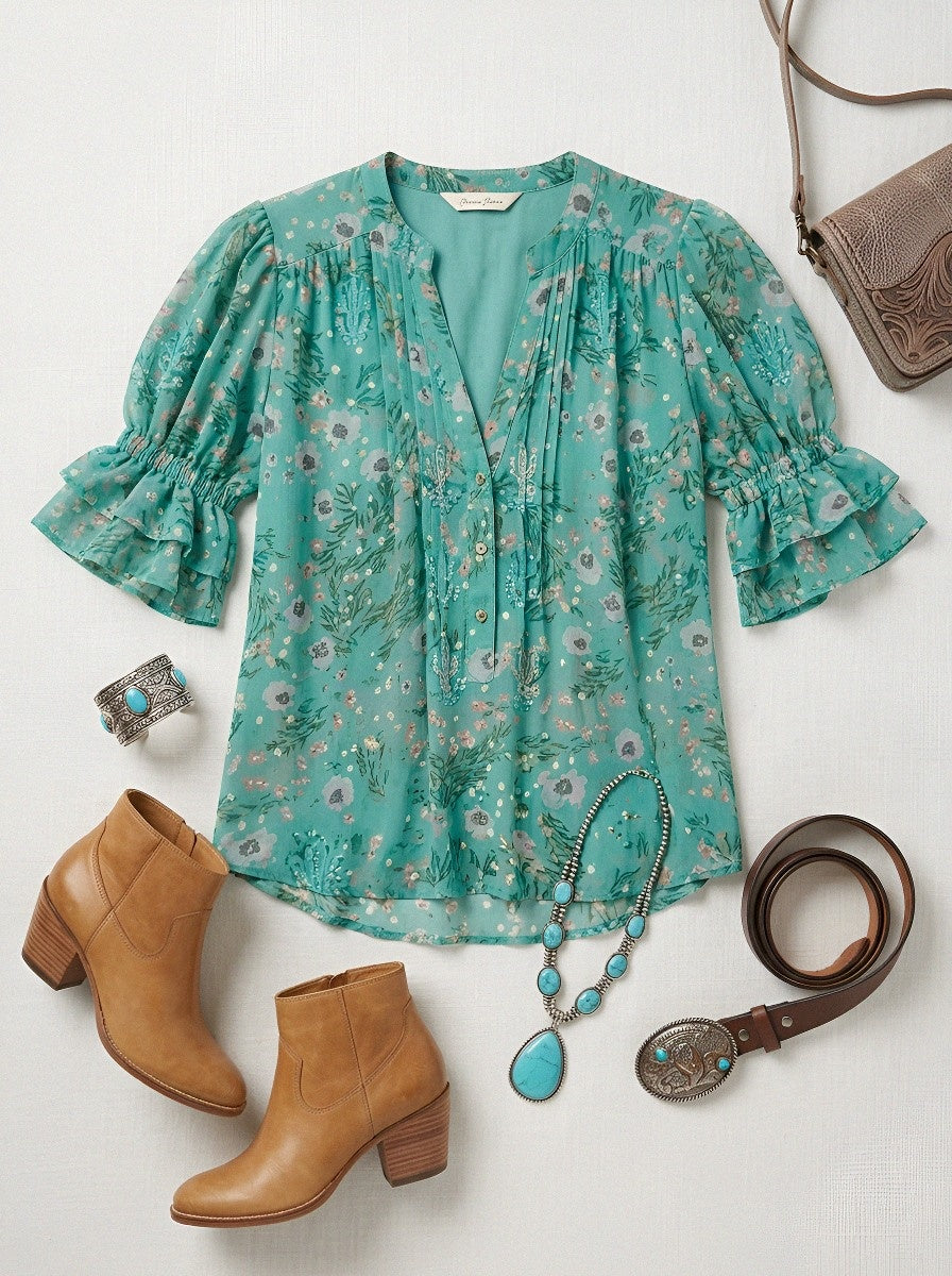 Women's Western Vintage Cactus Floral Printed Blouse