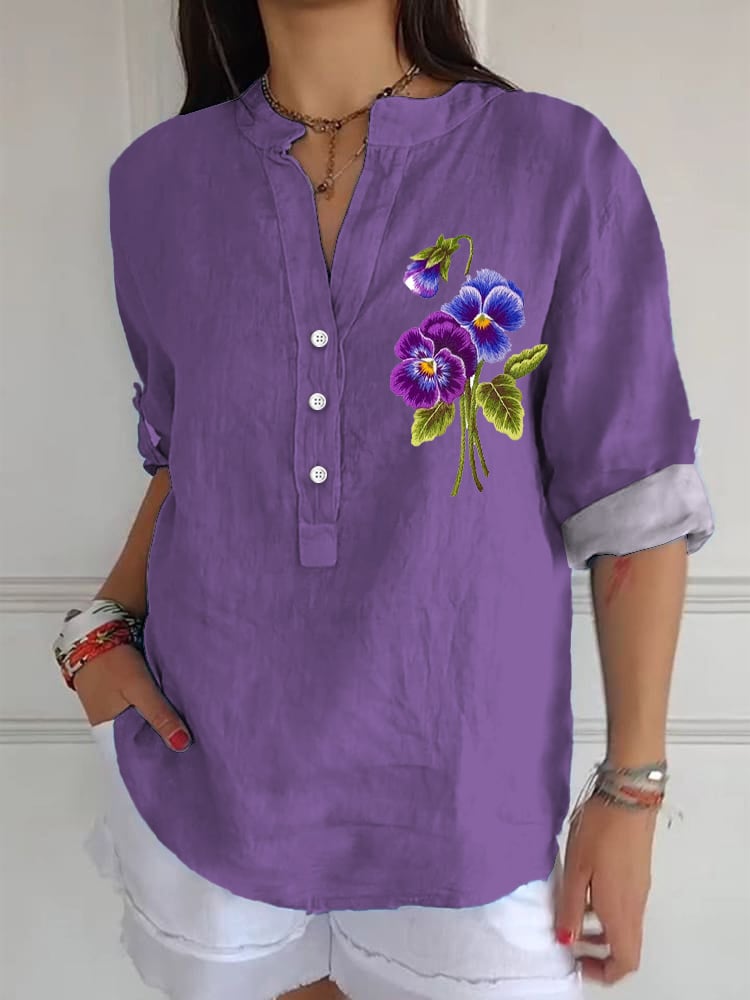 Women's Casual Floral Pansy Embroidery Print Shirt