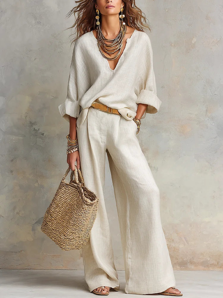 Off White Natural Linen Loose Fitting Resort Wear Set