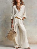 Off White Natural Linen Loose Fitting Resort Wear Set