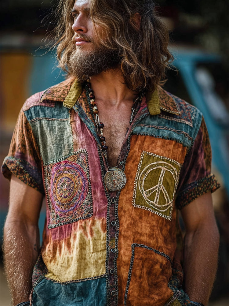 Men's Hippie Peace Sign Contrast Patchwork Linen Shirt