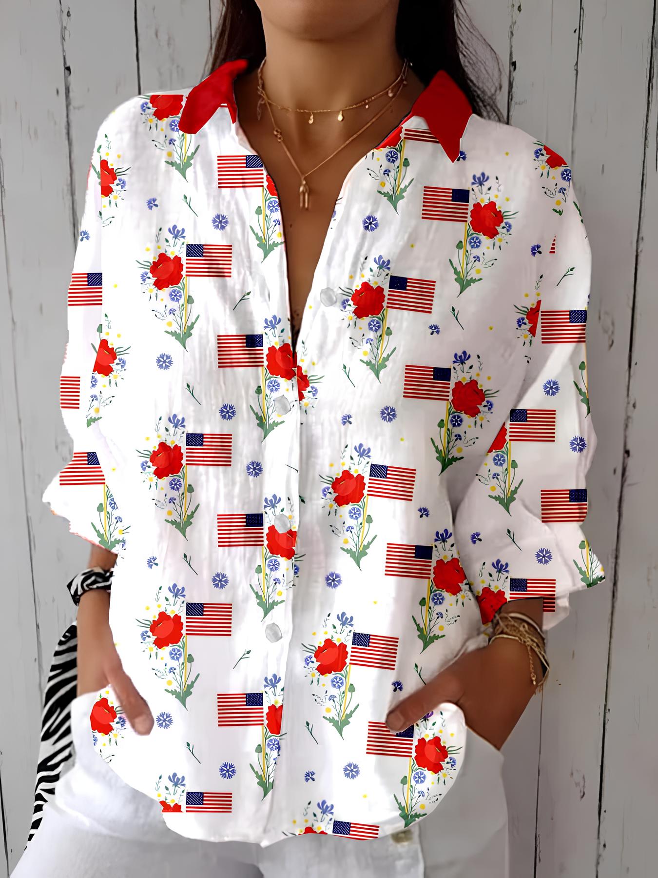 Women's Linen Independence Day Print Shirt