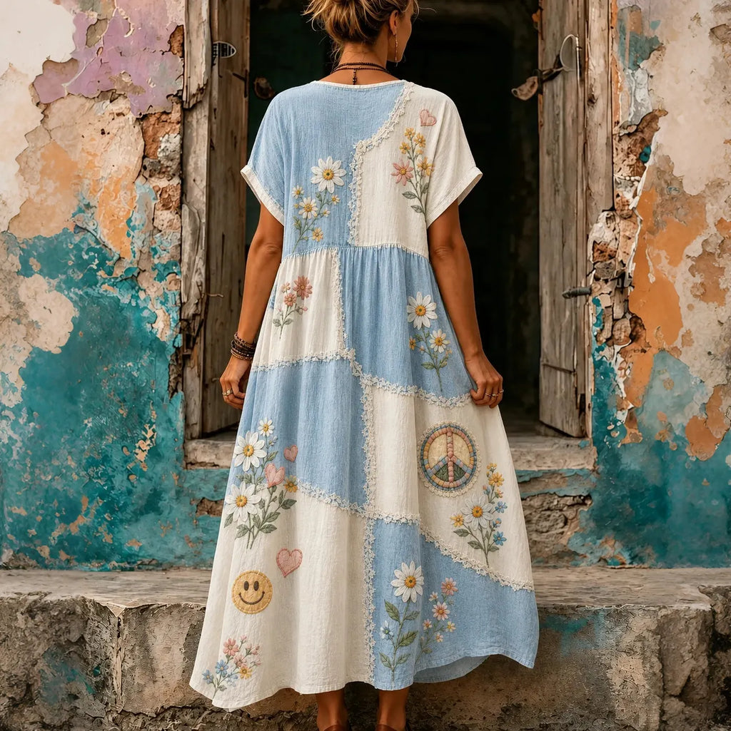 Women's Retro Hippie Peace Floral Embroidery Patchwork Casual Linen Long Dress