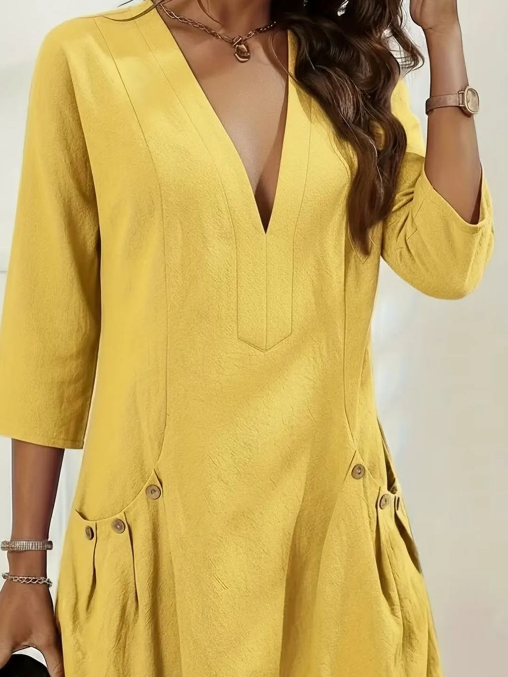 Solid Color Casual V-Neck Loose Dress