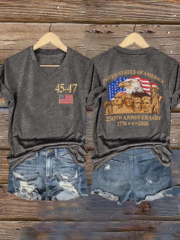 45-47 250th Anniversary 1776-2026 Pattern Print V Neck Casual T-Shirt
