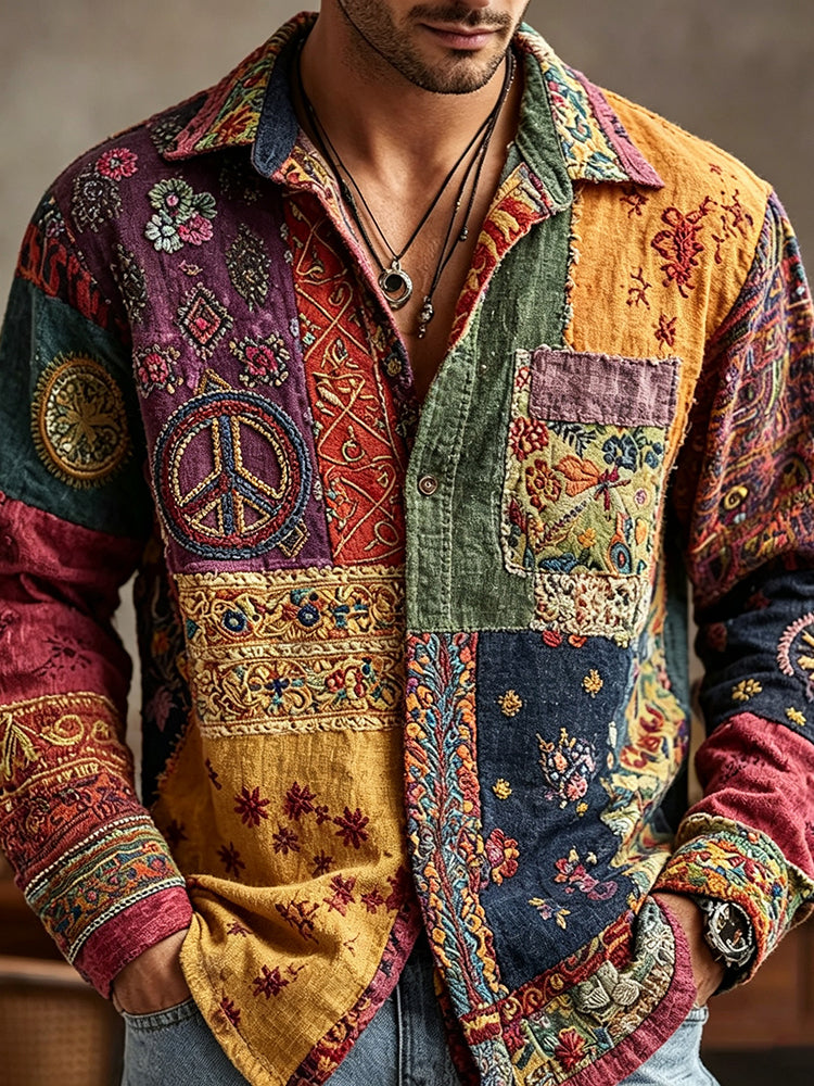 Men's Retro Hippie Style Peace Logo Floral Embroidery Linen Blend Casual Long-sleeve Shirt