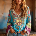 Women's Vintage Hippie Floral Pattern Art Embroidered Linen Blend Long Sleeve Tops