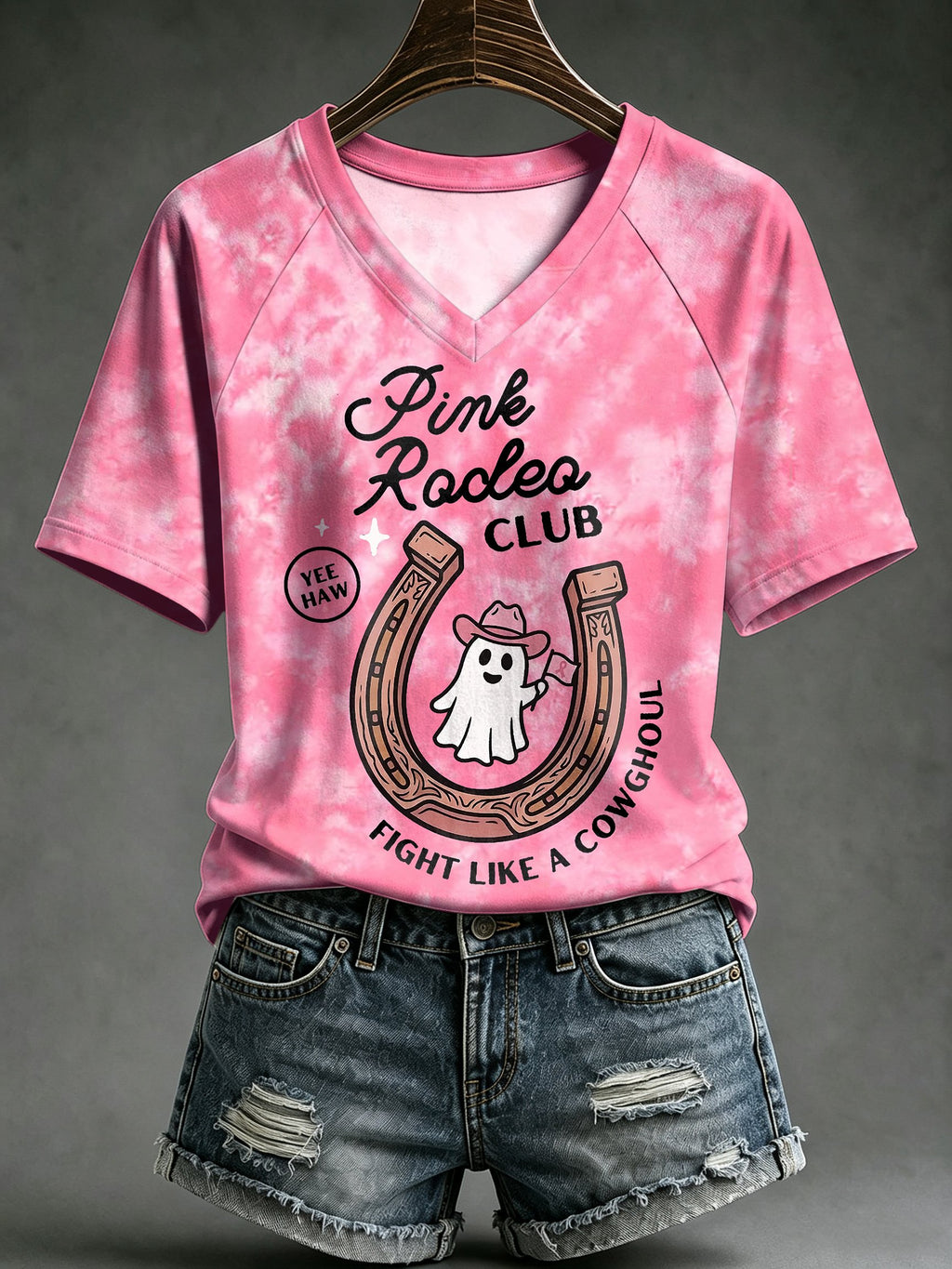 V Neck Retro Halloween Breast Cancer Awareness Tie-Dye Pink Rodeo Club Yee Haw Fight Like A Cowghoul Print T-Shirt