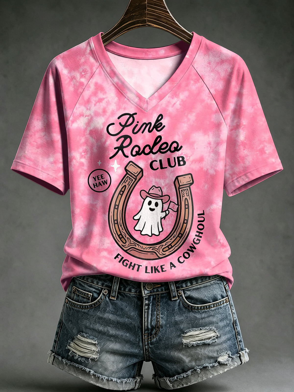 V Neck Retro Halloween Breast Cancer Awareness Tie-Dye Pink Rodeo Club Yee Haw Fight Like A Cowghoul Print T-Shirt
