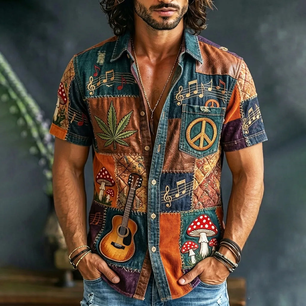 Men's Hippie Mushroom Cannabis Leaves Boho Music Guitar Patchwork Print Shirt