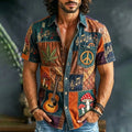 Men's Hippie Mushroom Cannabis Leaves Boho Music Guitar Patchwork Print Shirt