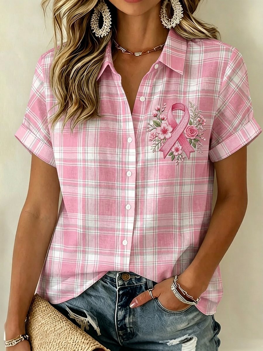 Women's Breast Cancer Awareness & Prevention Art Design Plaid Short-Sleeve Shirt
