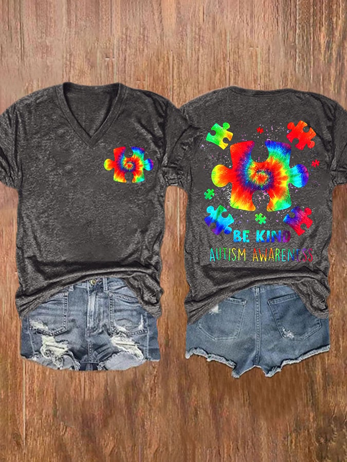 V-neck Retro Autism Awareness Be Kind Print T-Shirt