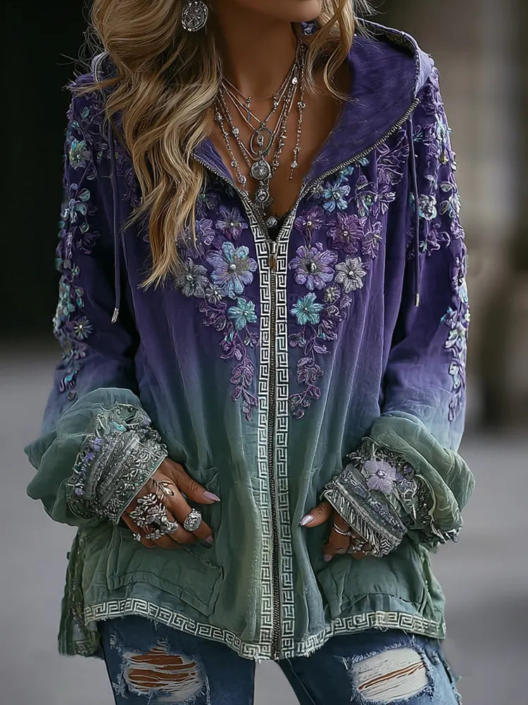 Women's Vintage Boho Floral Gradient Art Zip Hoodie Cardigan