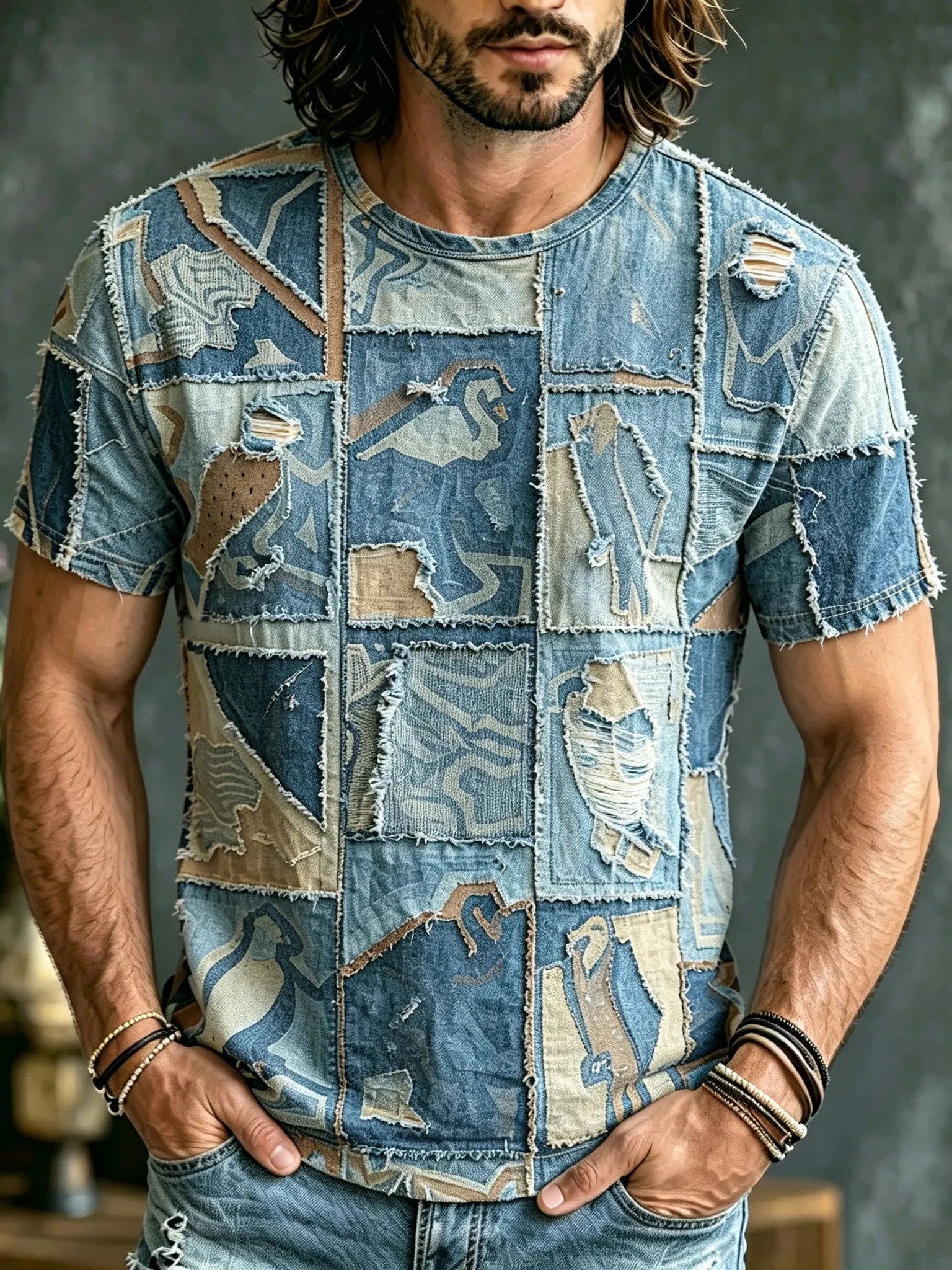 Men's Retro Hippie Style Denim Patchwork Print T-shirt