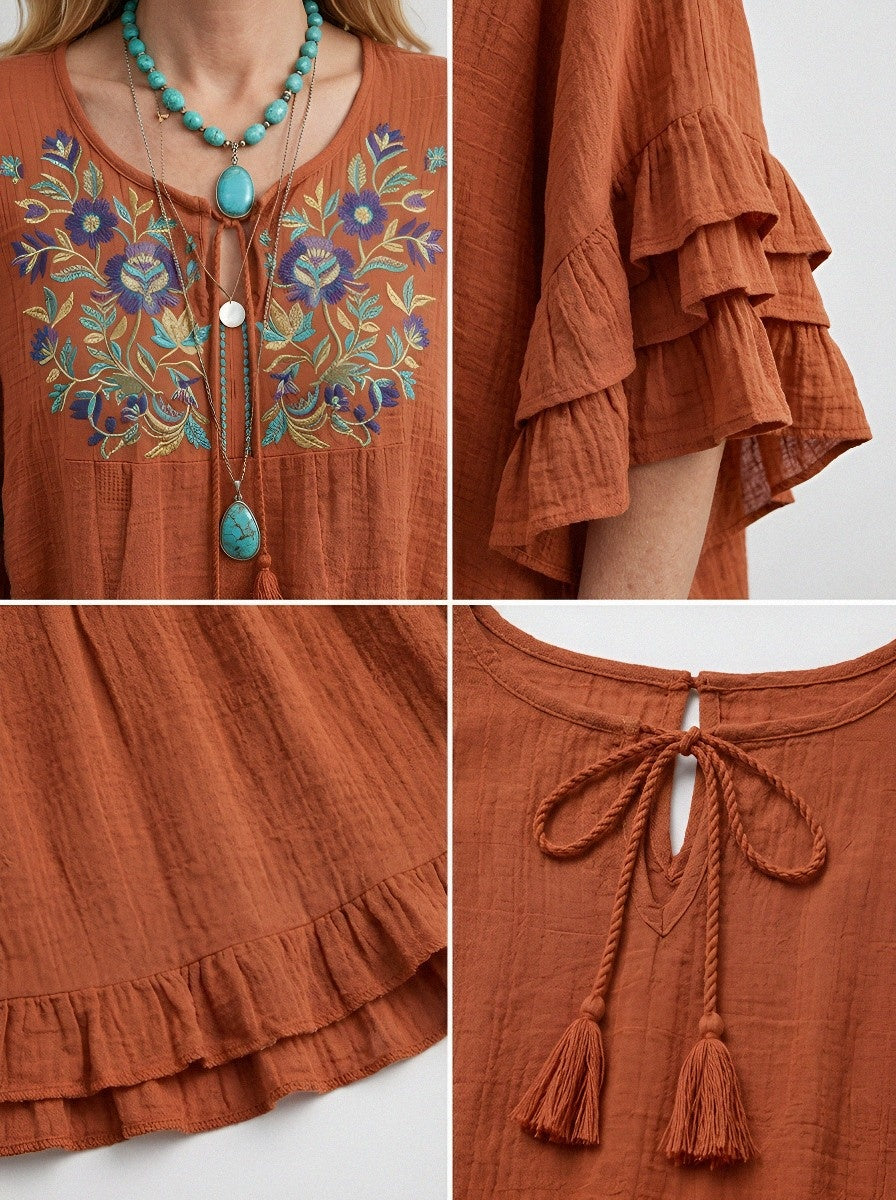 Women's Western Vintage Floral Embroidered Ruffle Sleeve Top