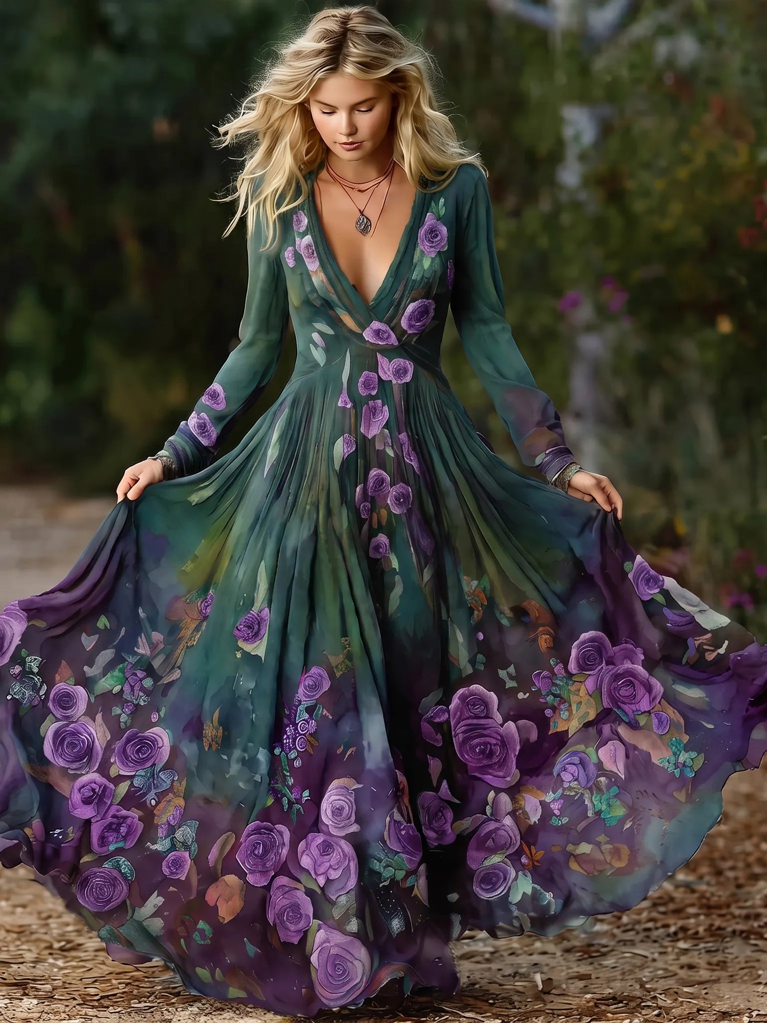 Women's Vintage Purple Rose Art Pattern Gradient Long Sleeve Dress