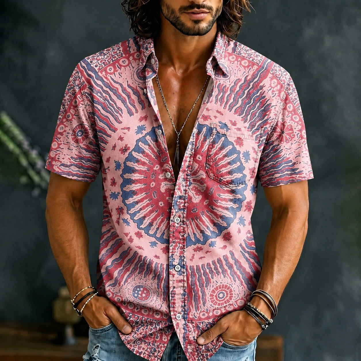 Men's Hippie Art Abstract Pattern All Over Print Short Sleeves Shirt