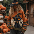 Women's Halloween Pumpkin Cat Print Knitted Comfort Round Neck Sweater