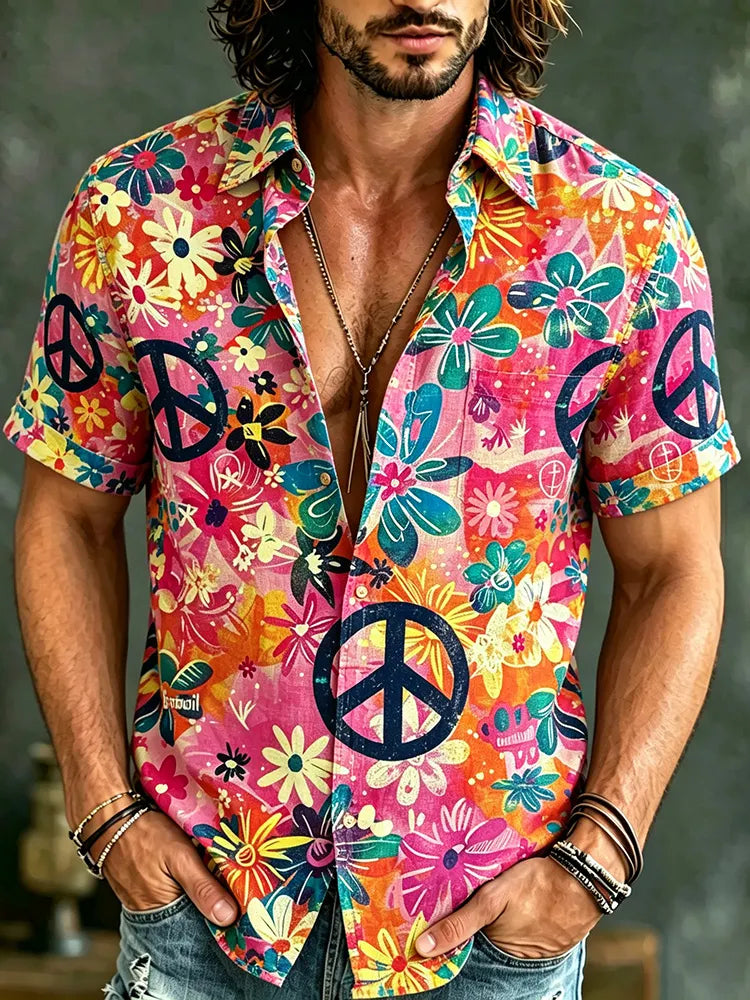 Men's Retro Hippie Floral Print Cotton Linen Short-sleeve Shirt