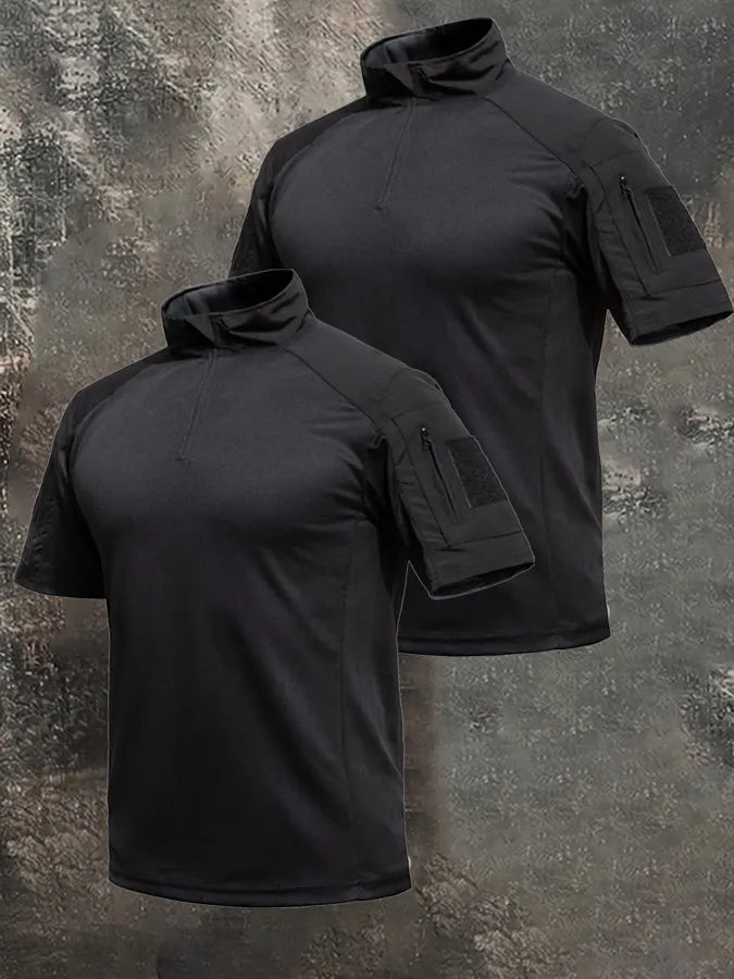 Men's Breathable Military-Style Short-Sleeve Shirt with Stand Collar and Zipper
