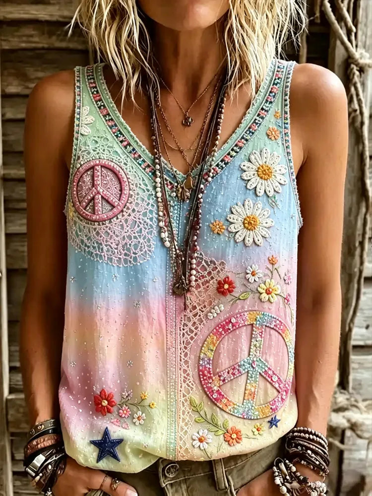 Women's Vintage Hippie Floral Patchwork Art V-neck Casual Tank Top