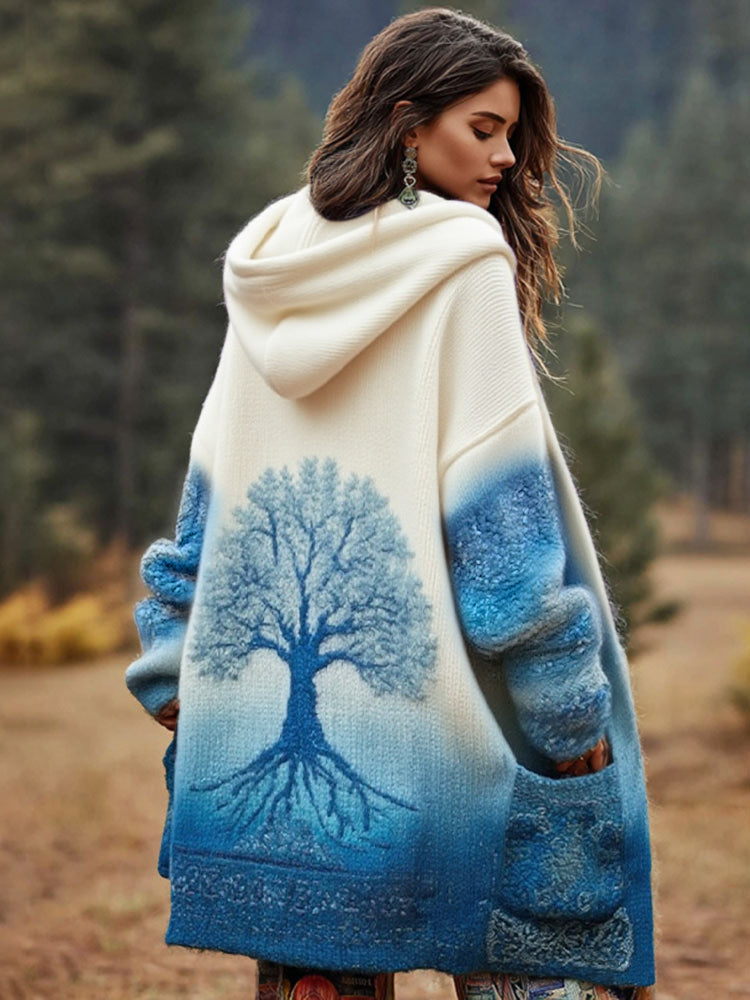 Women's Viking Floral And Life Of Tree Art Knitted Cozy Hooded Cardigan