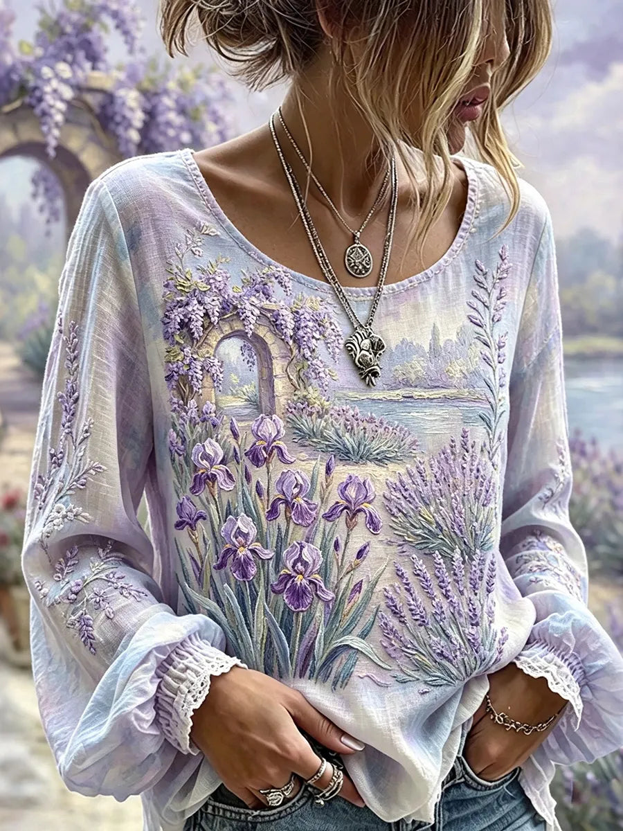 Women's Retro Lavender Print Long-sleeve Round Neck Cotton Linen T-shirt