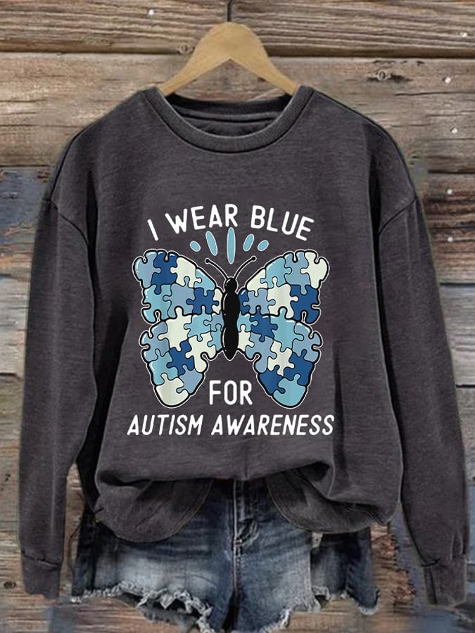 Retro Autism Awareness Butterfly I Wear Blue For Autism Awareness Print Sweatshirt