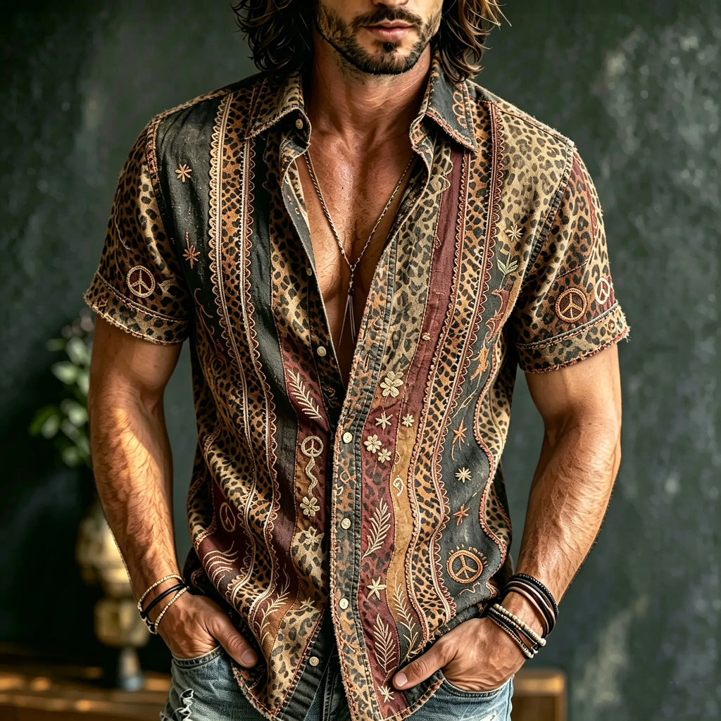 Men's Retro Bohemian Hippie Style Short-sleeved Shirt With Leopard Print, Floral, And Lace Patchwork Print.