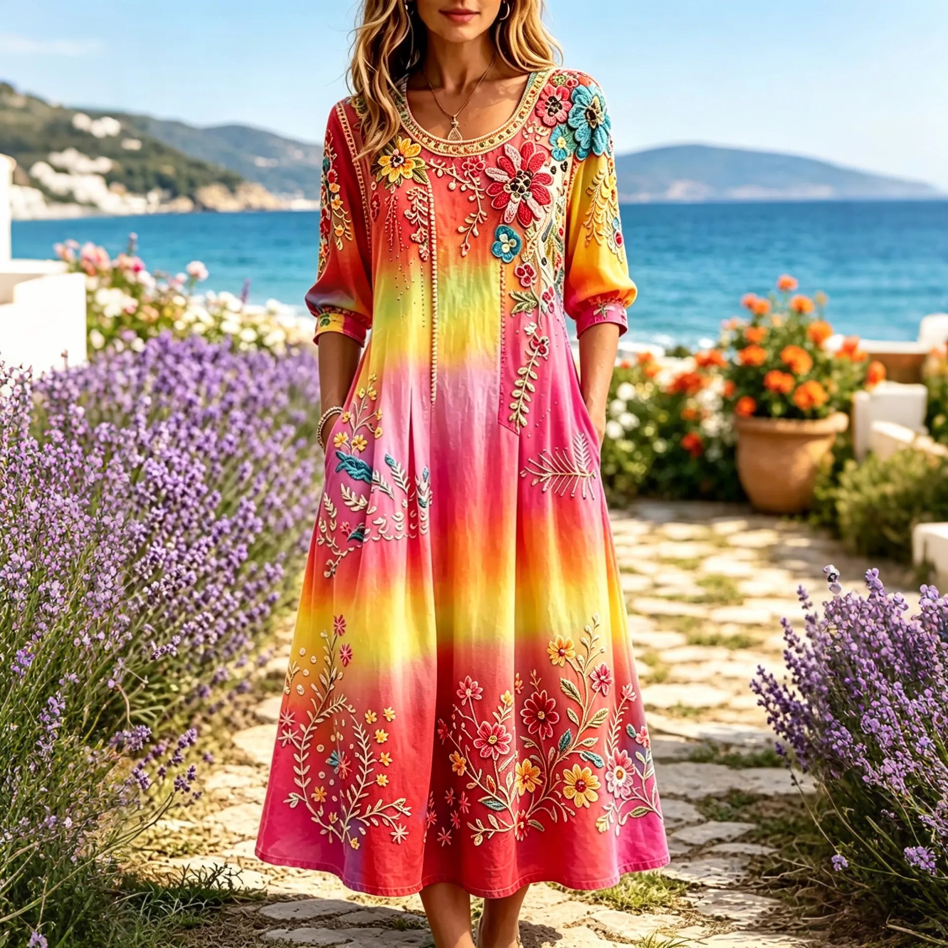 Women's Retro Floral Tie-dye Color-blocked Vacation Dress