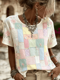 Women's Casual Retro Short-Sleeve Top with Floral Breast Cancer Awareness Print