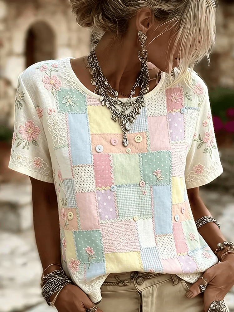 Women's Casual Retro Short-Sleeve Top with Floral Breast Cancer Awareness Print