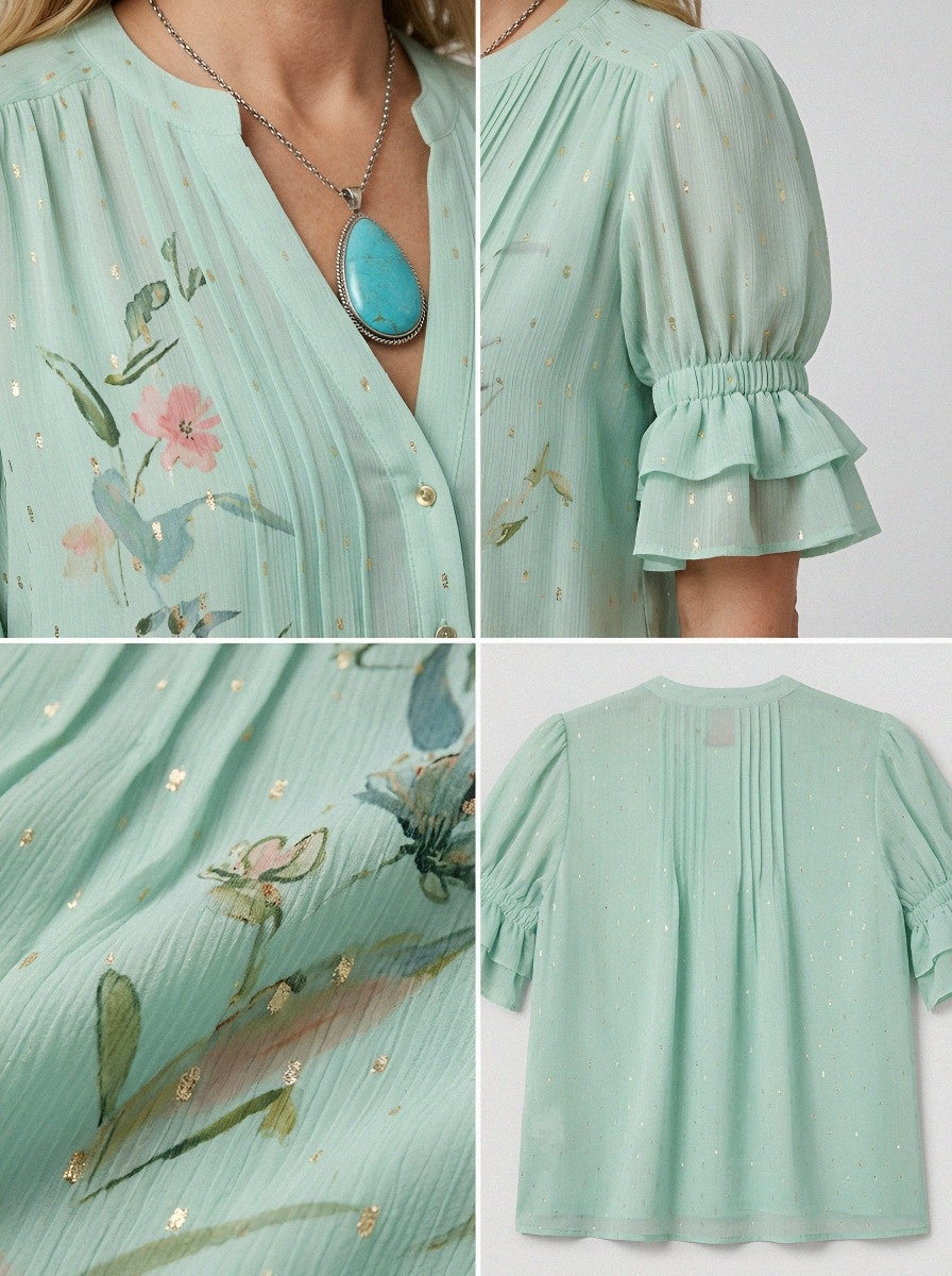 Women's Western Vintage Floral Gold-Speckled Printed Blouse