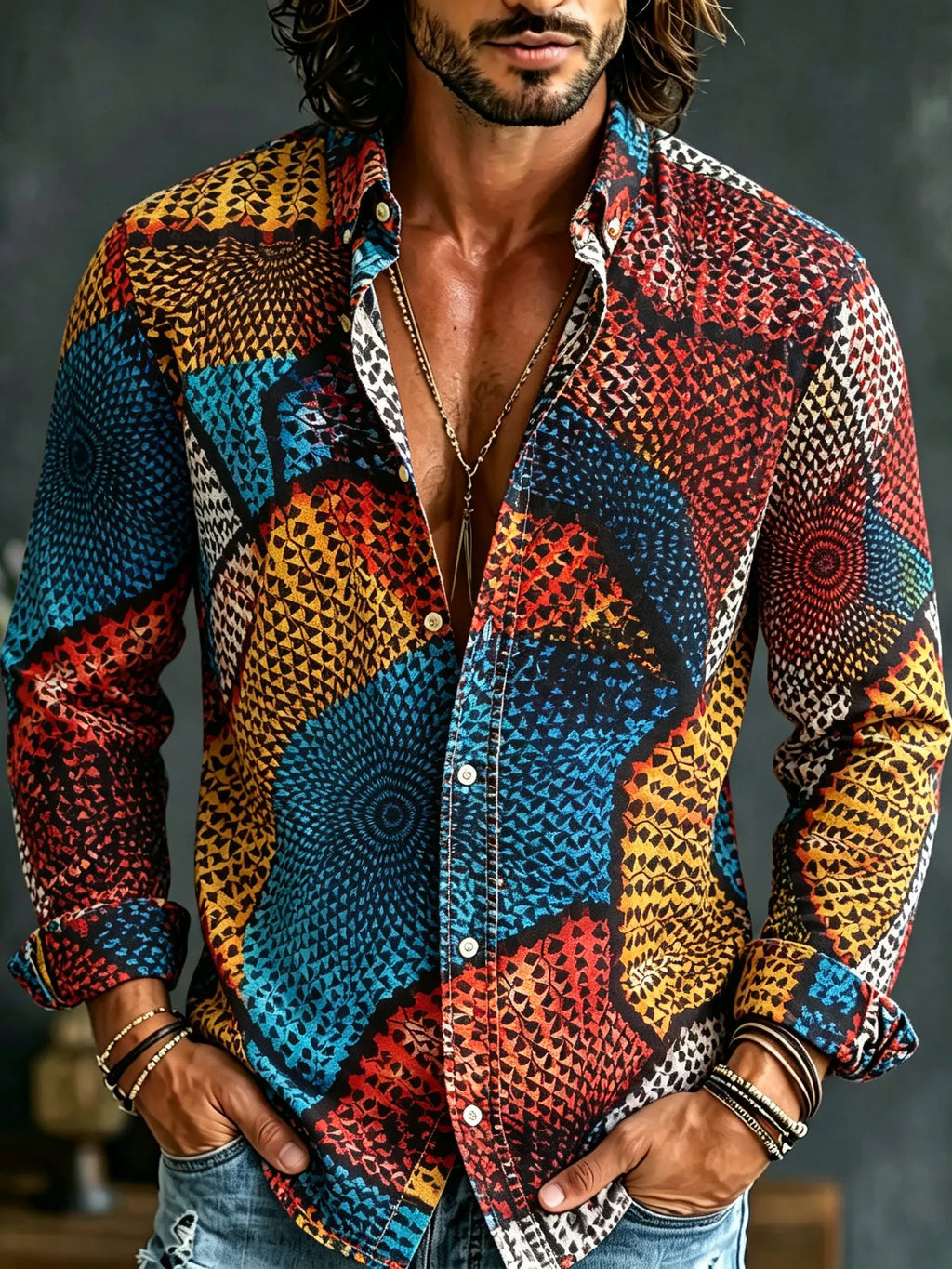 Men's Retro Hippie Color Block Print Long-sleeve Shirt