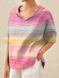 Womens Breast Cancer Awareness Print Casual Linen V Neck Shirt