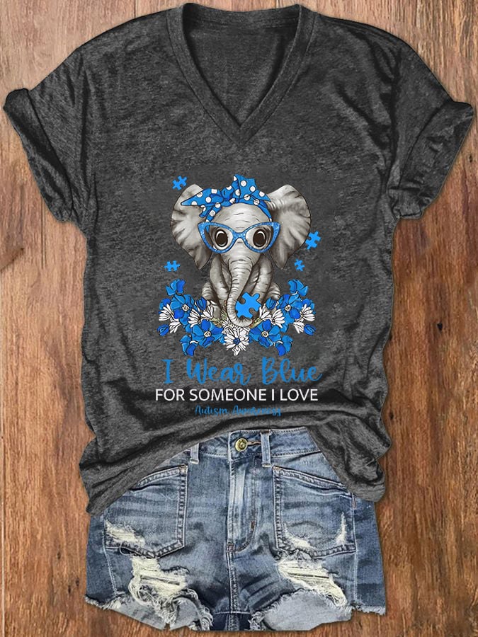 Women's I Wear Blue For Someone Love Autism Awareness V-Neck T-Shirt