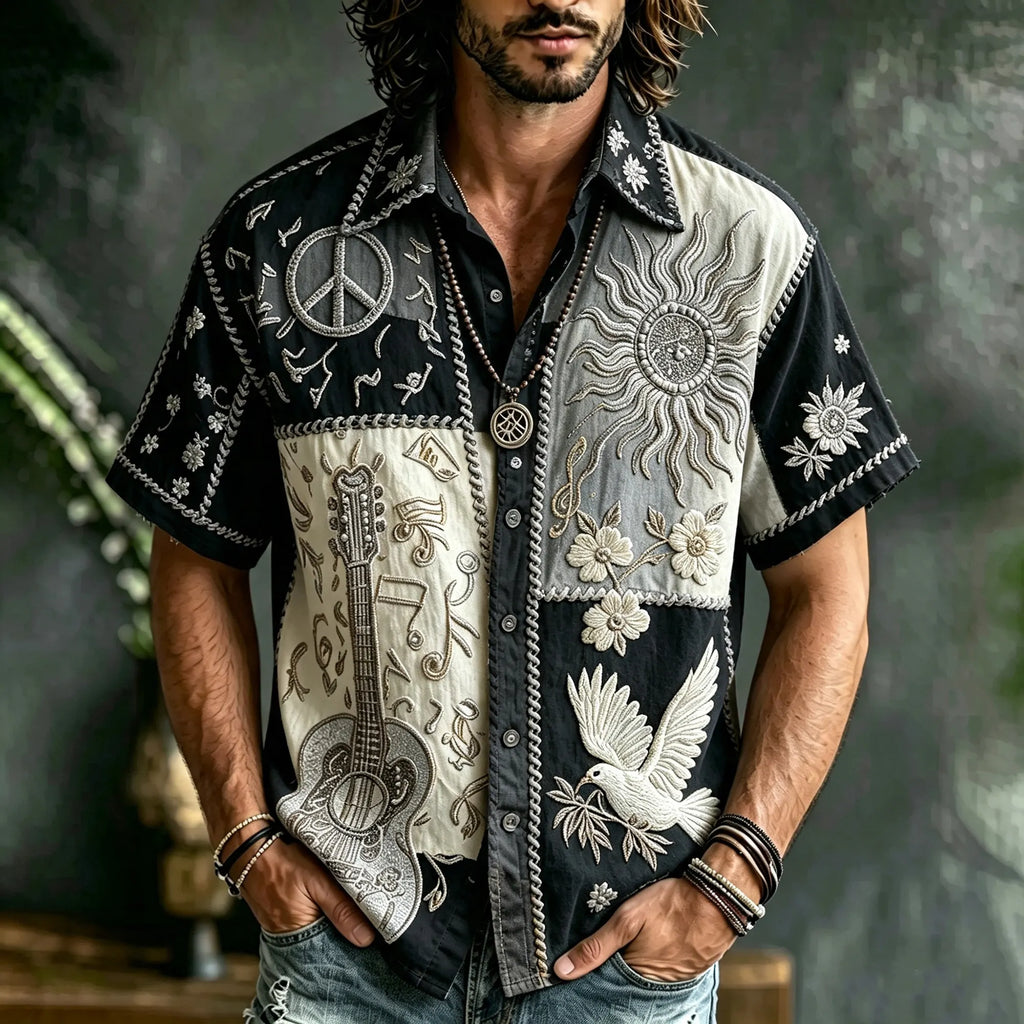 Men's Patchwork Denim Linen Short Sleeve Button Up Shirt, 3d Embroidery Guitar Peace Sign Sun Dove Floral Hippie Boho Vacation Shirt
