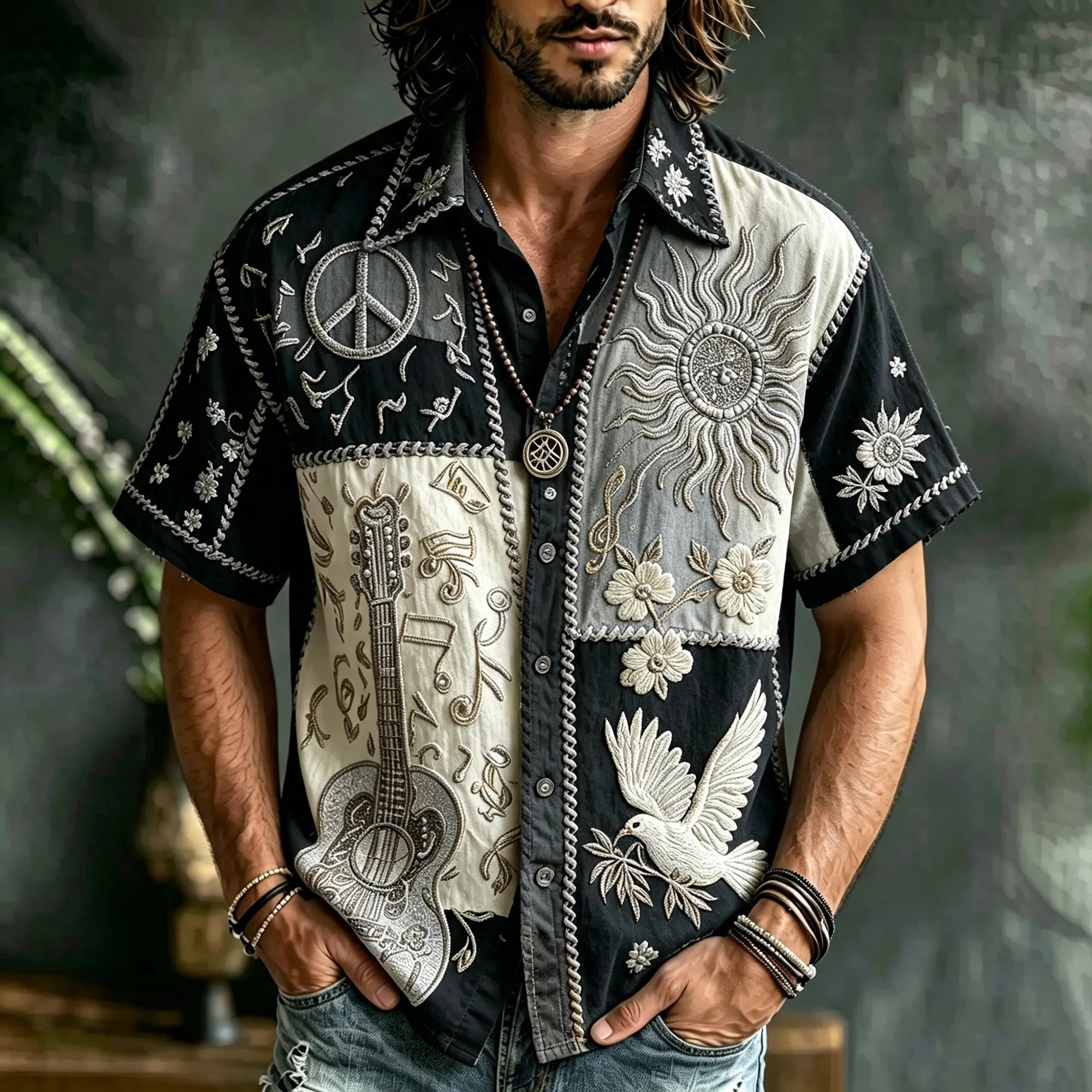 Men's Patchwork Denim Linen Short Sleeve Button Up Shirt, 3d Embroidery Guitar Peace Sign Sun Dove Floral Hippie Boho Vacation Shirt