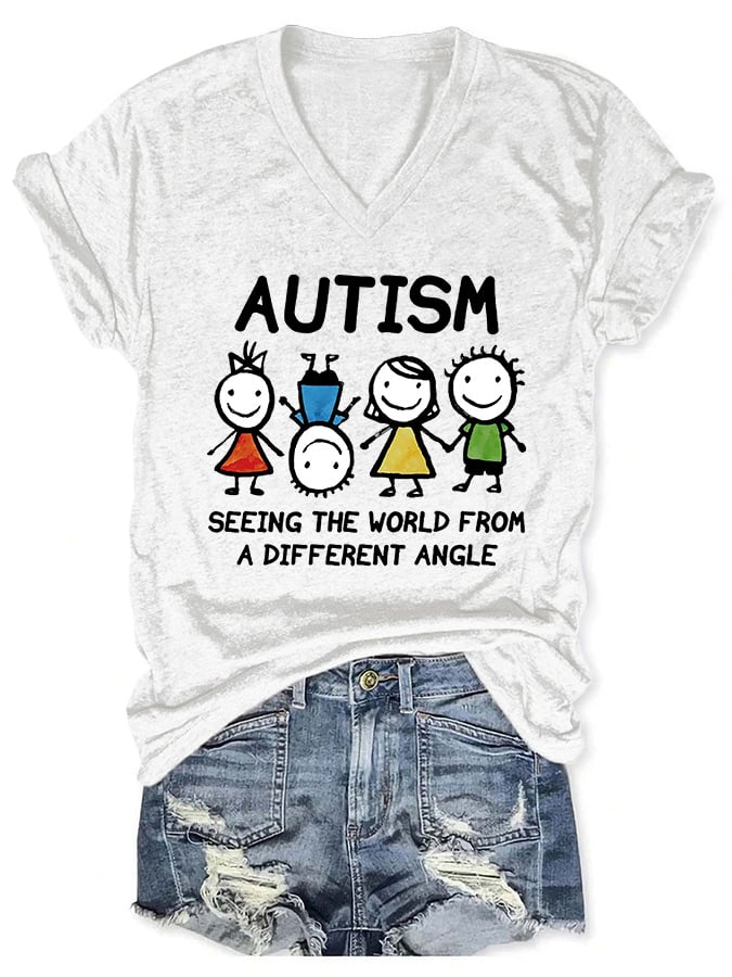 V-neck Autism Awareness Autism Seeing The World From A Different Angle Print T-Shirt