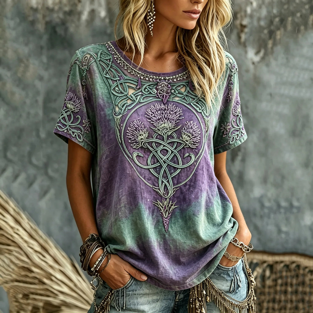 Women's Retro Scottish Thistle Print Alzheimer's Disease Awareness Crew Neck T-shirt
