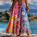 Women's Retro Hippie Peace And Floral Embroidery Pattern Casual Midi Skirt