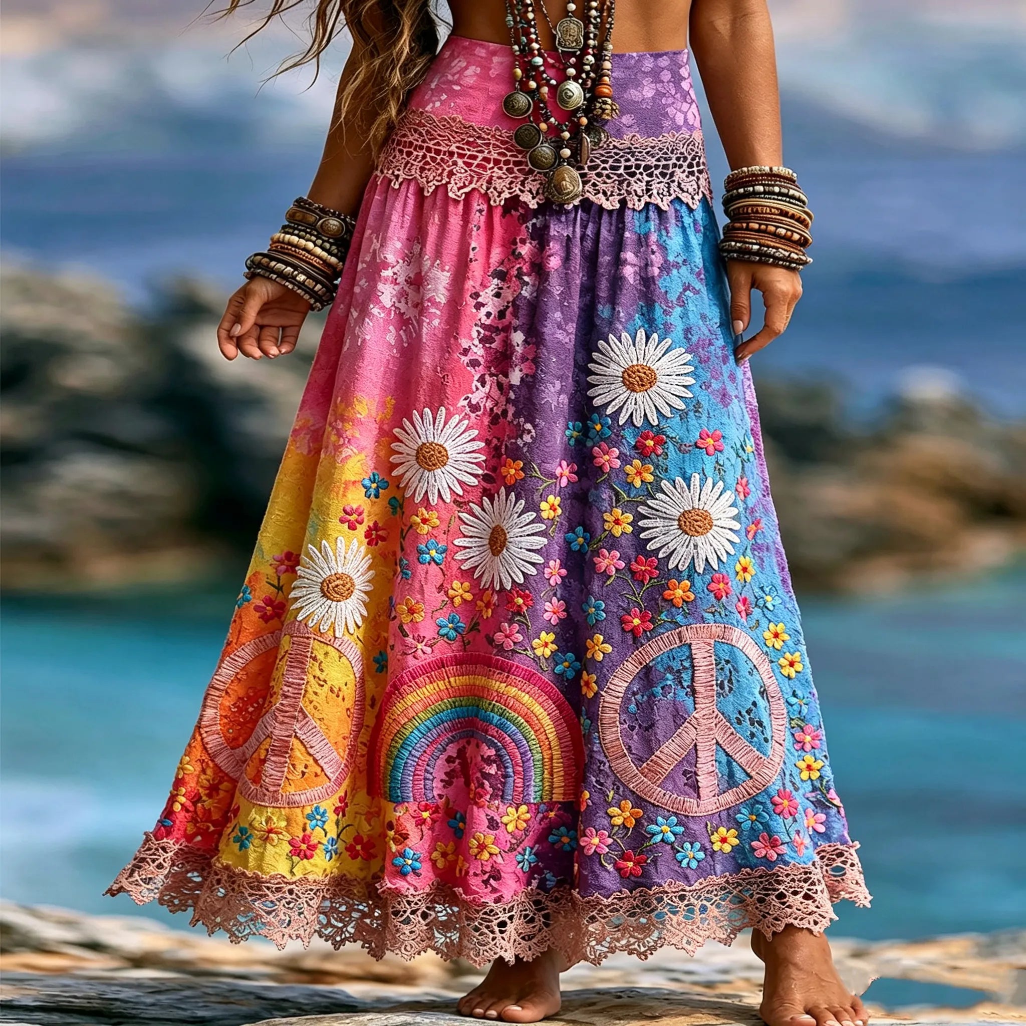 Women's Retro Hippie Peace And Floral Embroidery Pattern Casual Midi Skirt