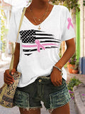 Women's Pink Ribbon American Flag Breast Cancer Awareness Warrior V-Neck Tee