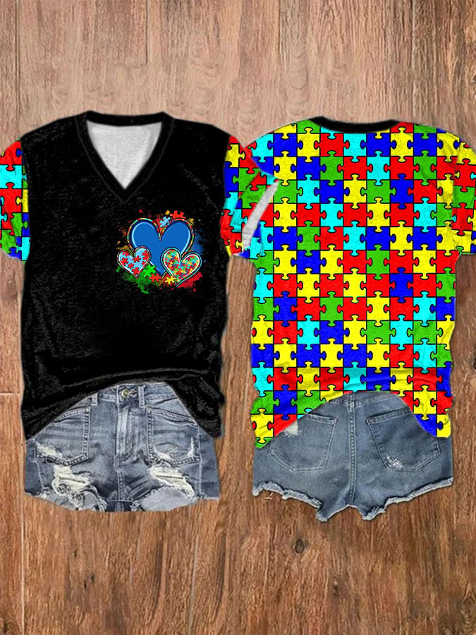 Women'S Autism Printed V-Neck Short Sleeve T-Shirt
